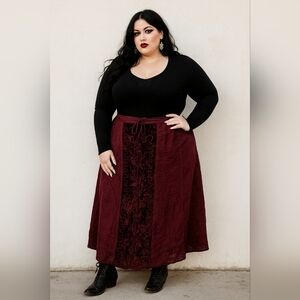 Boho Velvet Burnout Embroidered Skirt Plus Size 28 Burgundy Whimsigoth Lace Vamp